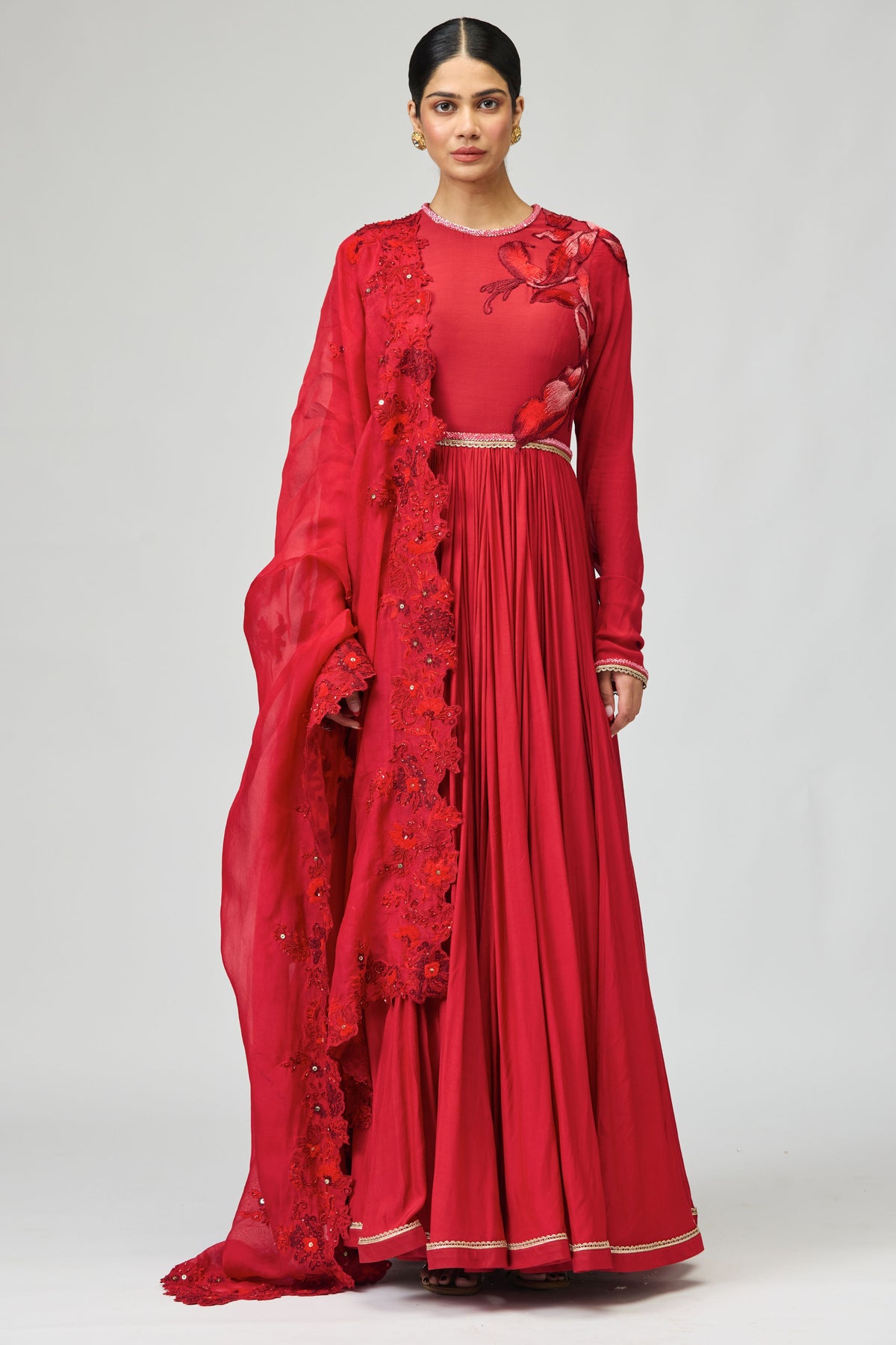 Red Opara Silk Anarkali Set