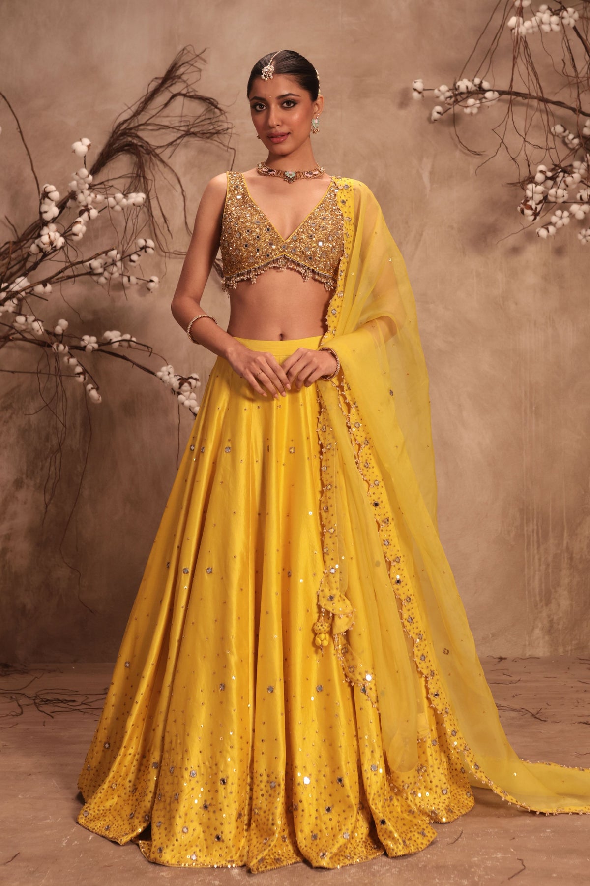 Yellow Sleeveless Lehenga Set