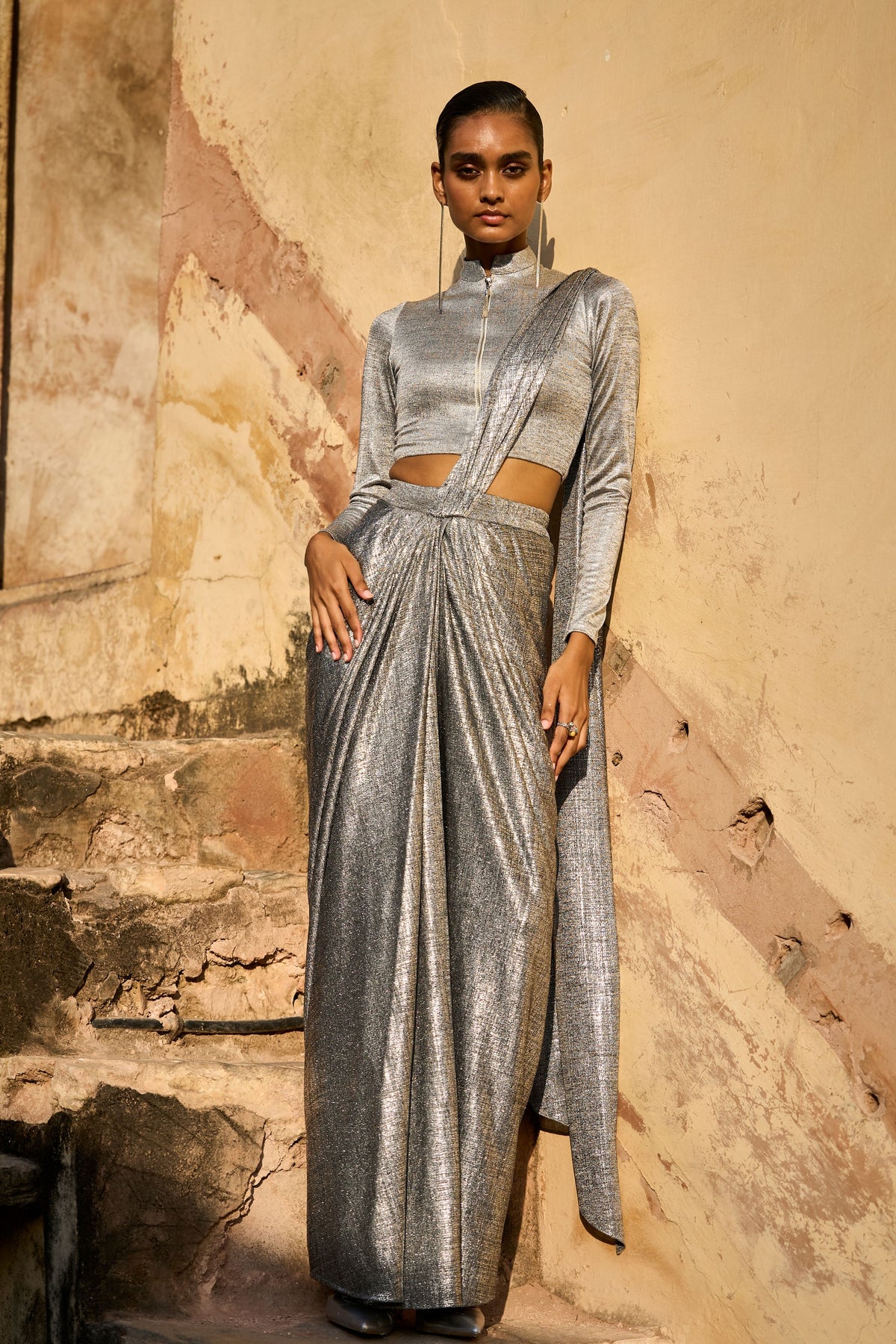 Silver Knitted Draped Skirt Set