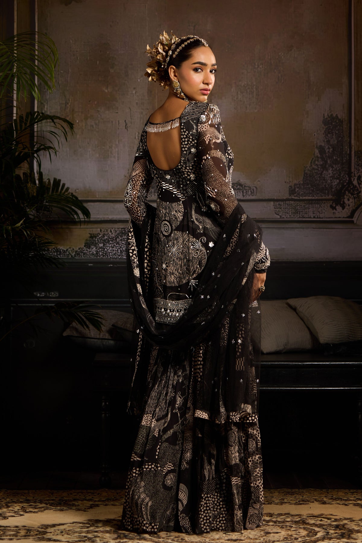 Black Print Highlighted Sharara Set