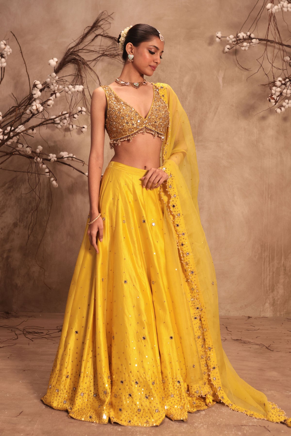 Yellow Sleeveless Lehenga Set