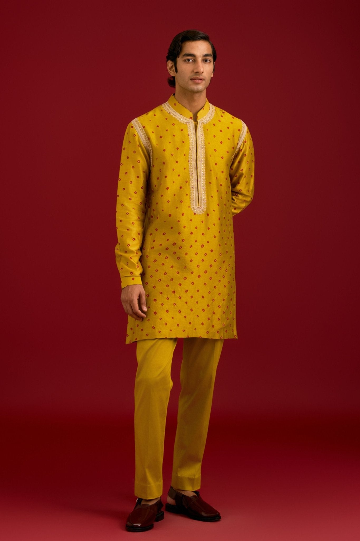 Mustard Bandhej Kurta set - Devnaagri Menswear - Elahe
