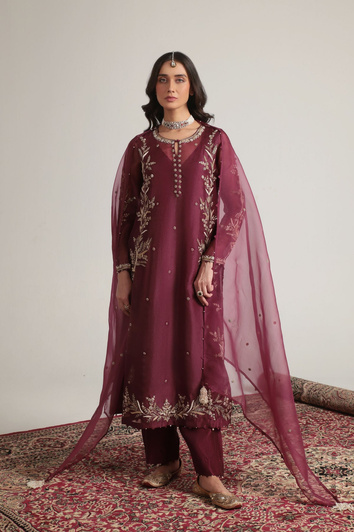 Wine Light Phool Patti Kurta Set