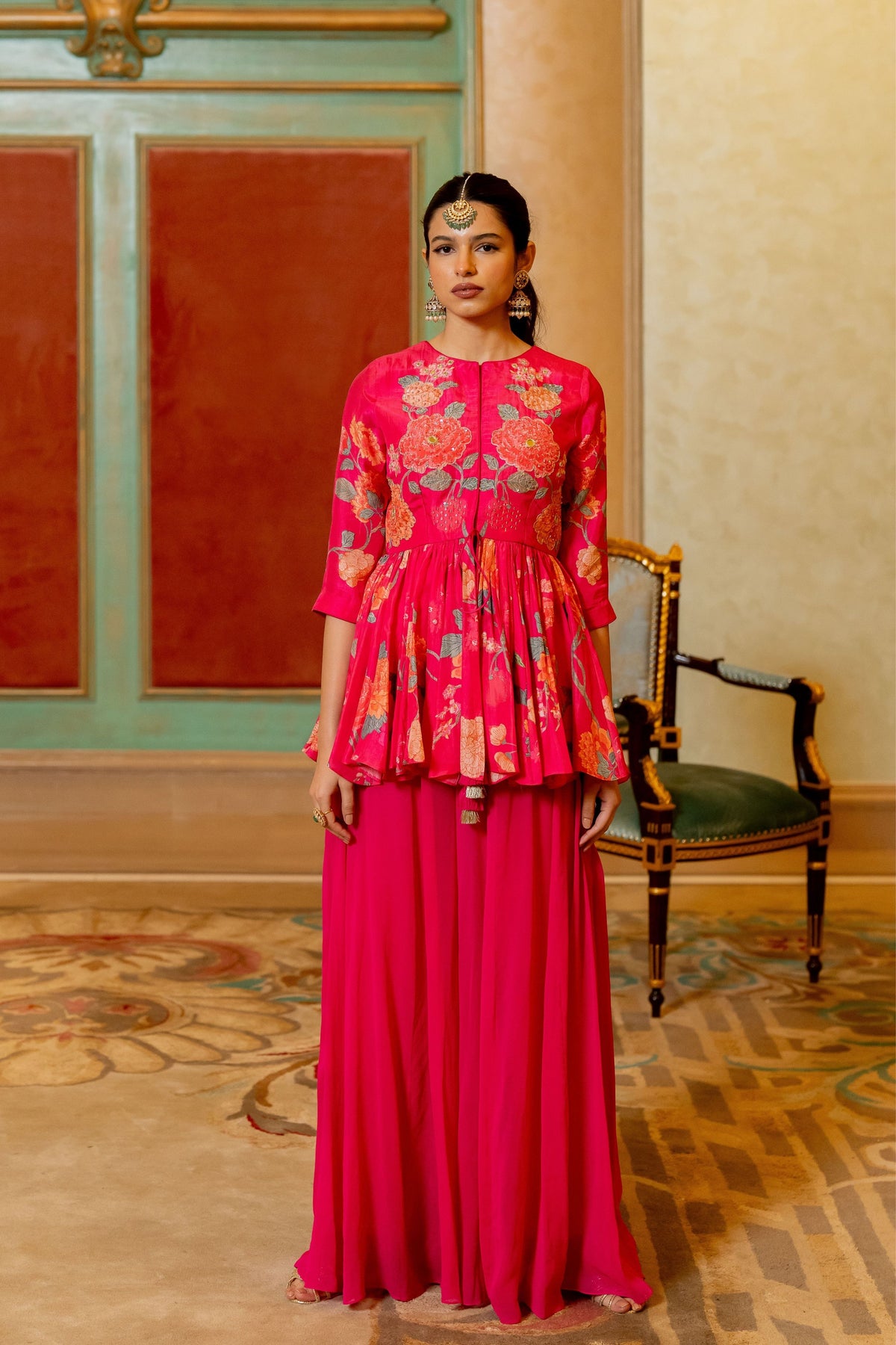 Blooming Pink Floral Printed Peplum Set