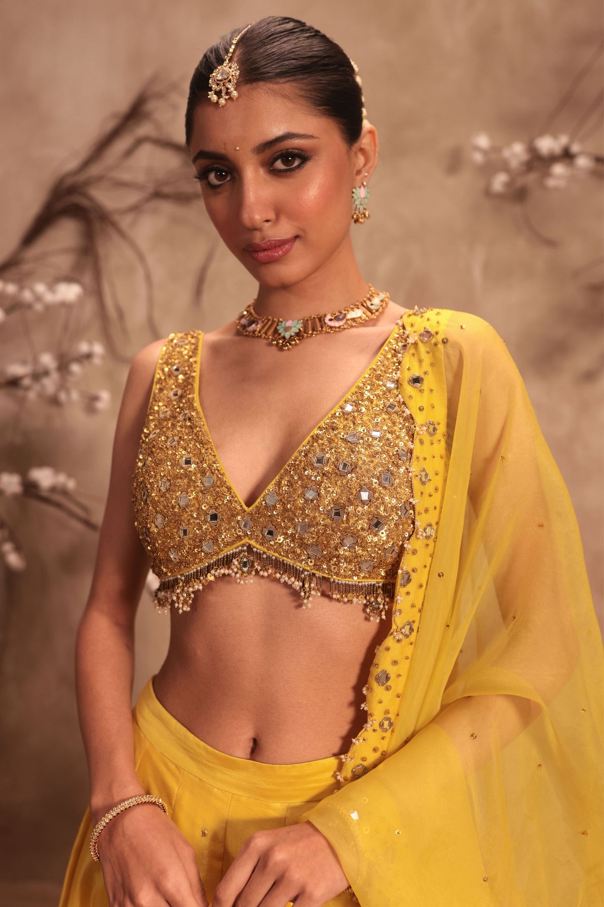 Yellow Sleeveless Lehenga Set