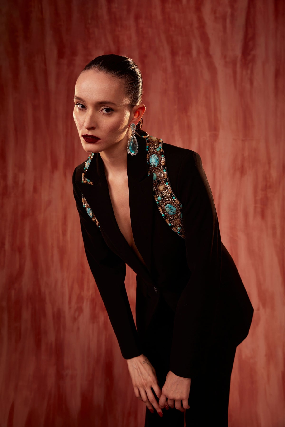 Pantsuit Set With Hand Embroidered  Jacket