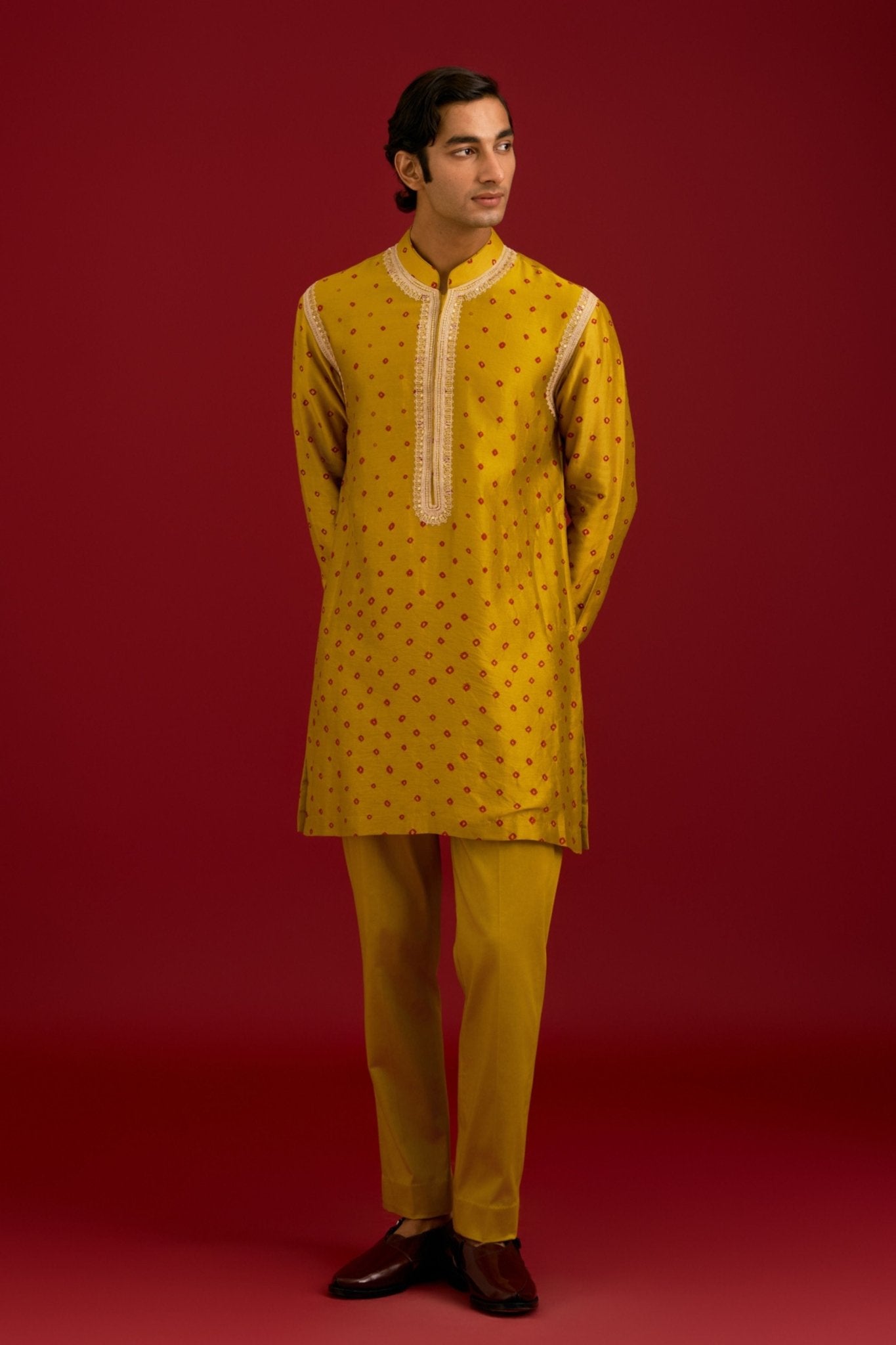 Mustard Bandhej Kurta set - Devnaagri Menswear - Elahe