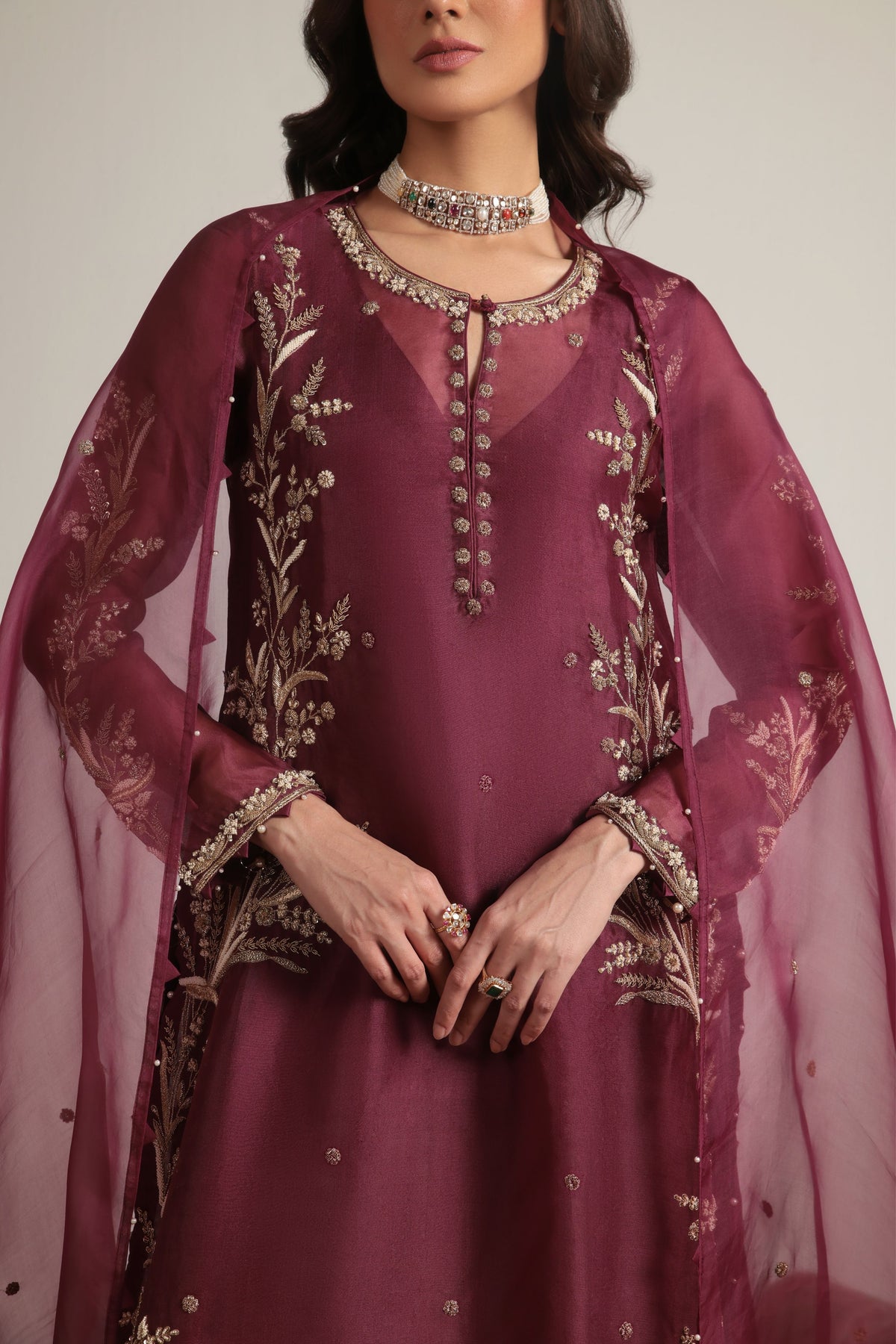 Wine Light Phool Patti Kurta Set