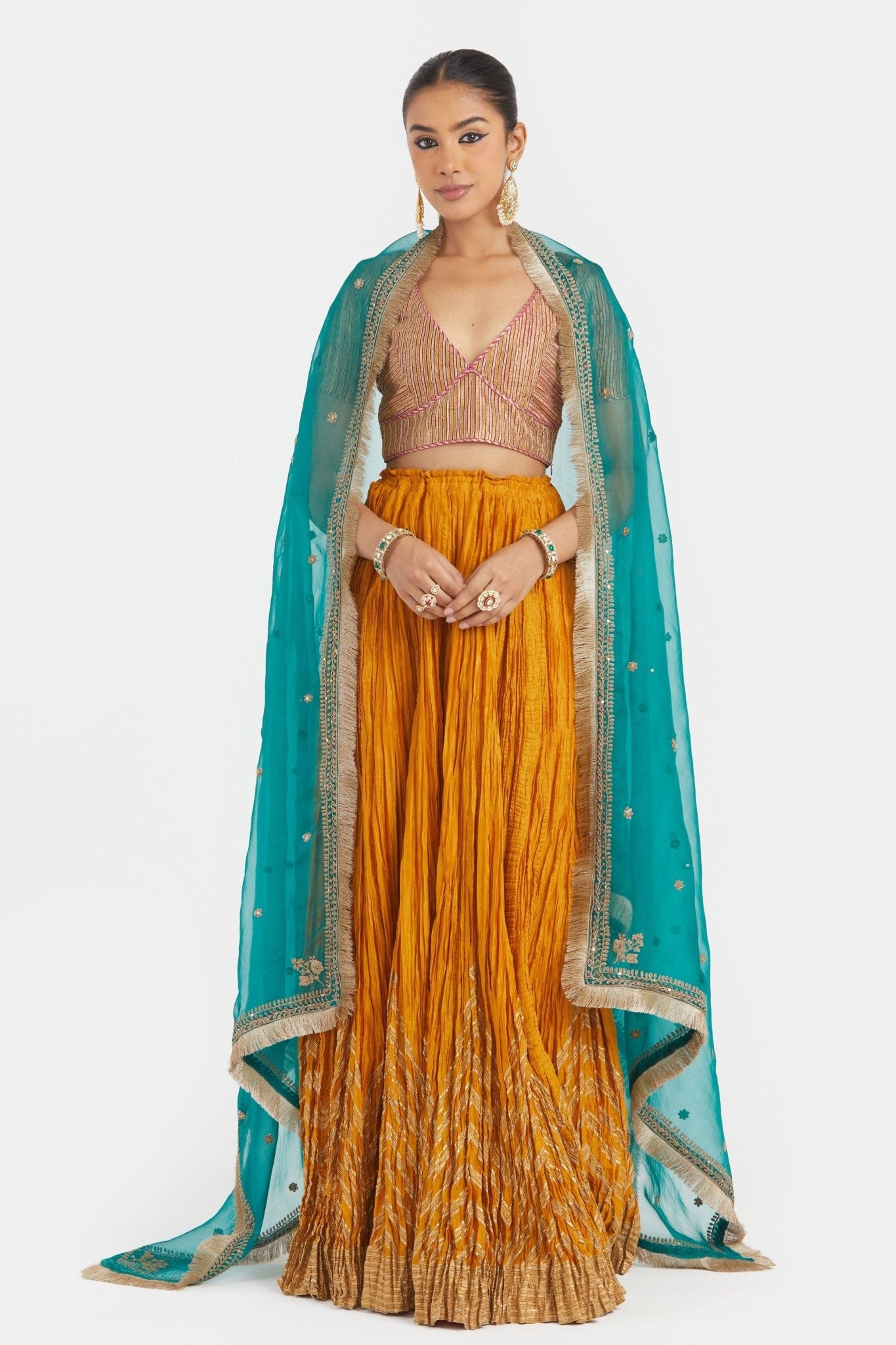 Yellow Chanderi Lehenga Set - Kora - Elahe