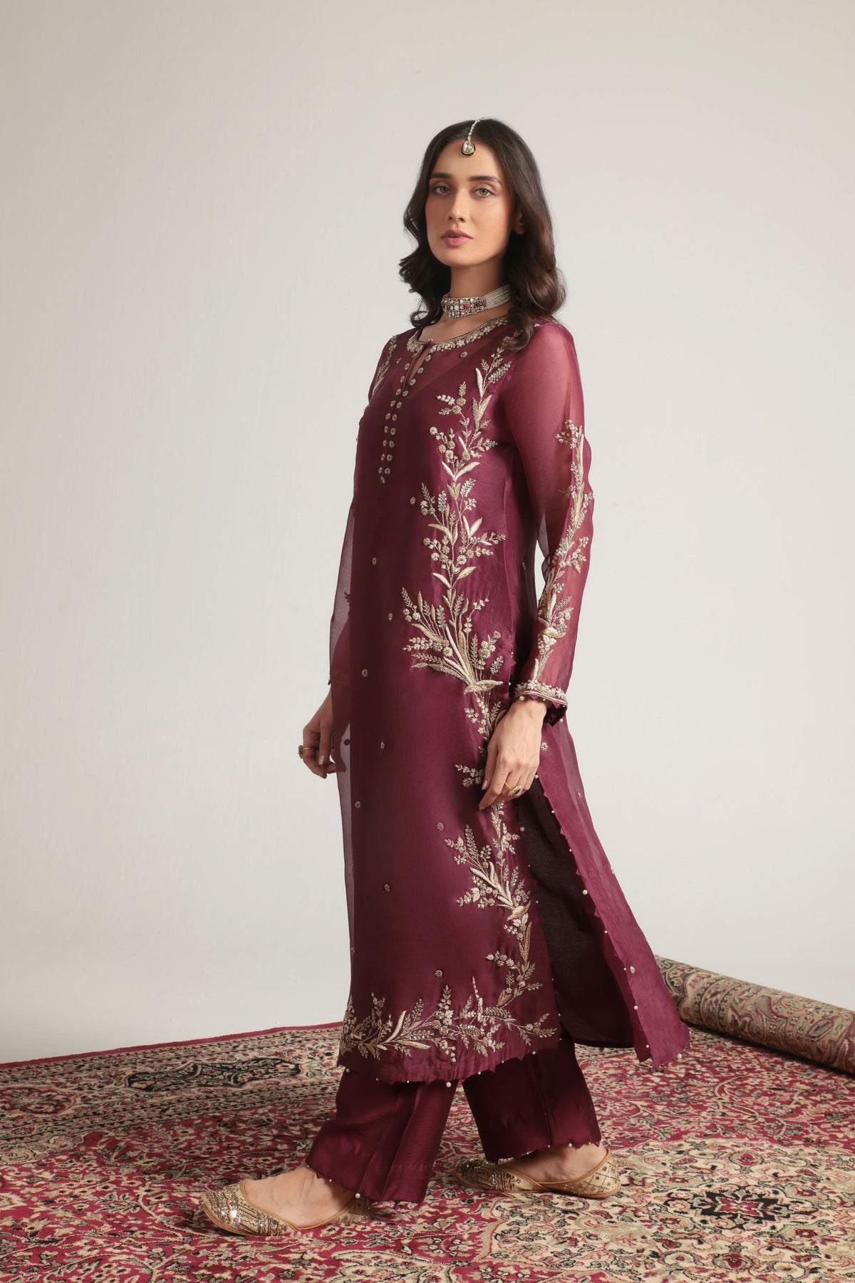 Wine Light Phool Patti Kurta Set