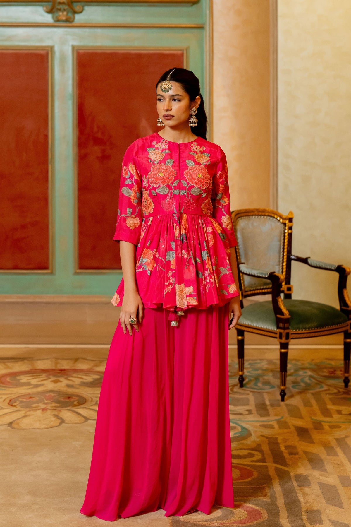 Blooming Pink Floral Printed Peplum Set