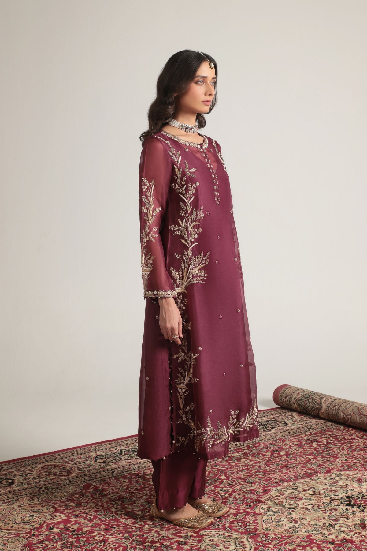 Wine Light Phool Patti Kurta Set