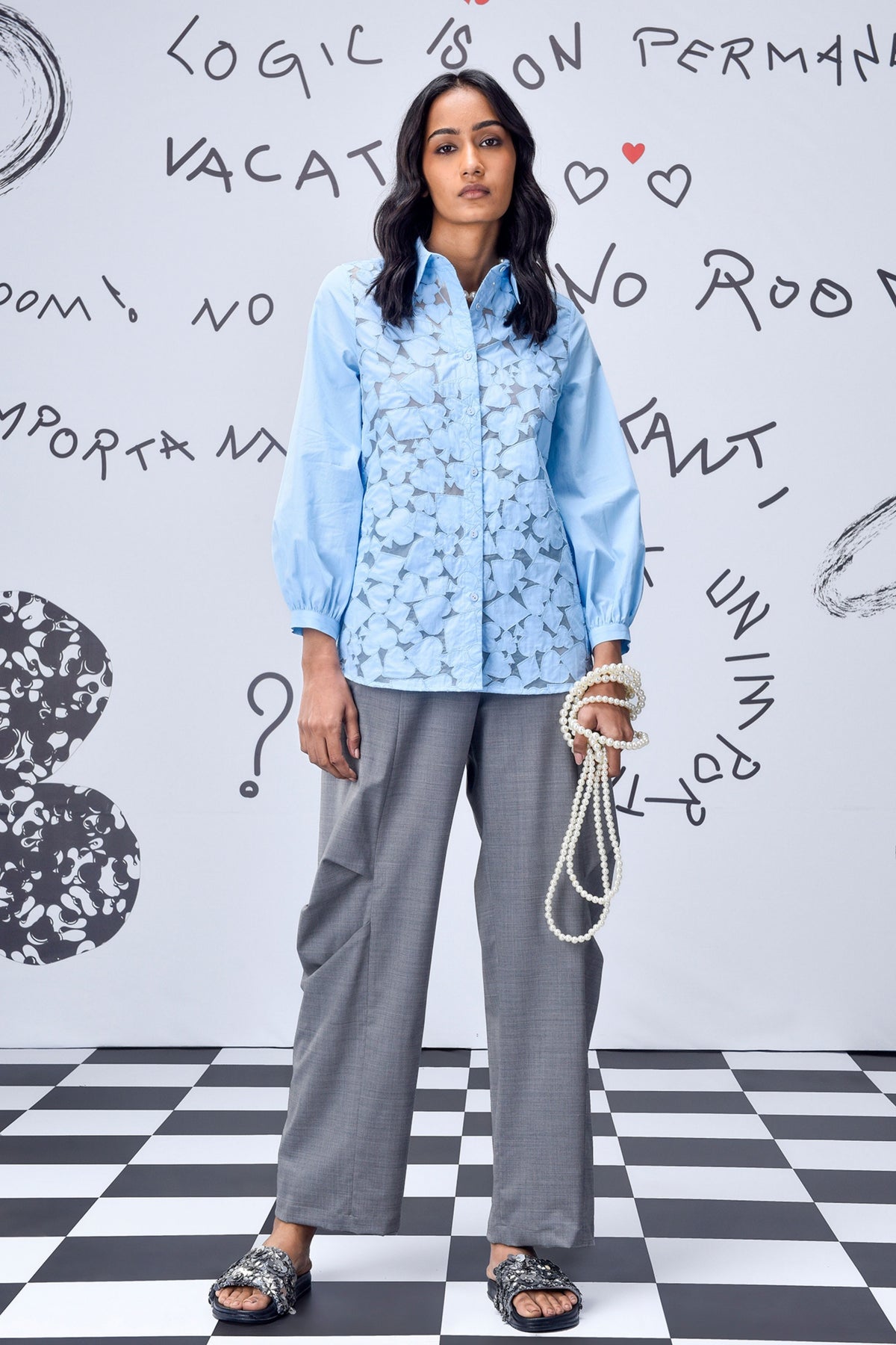 Women Cutout Embroidery Shirt Light Blue