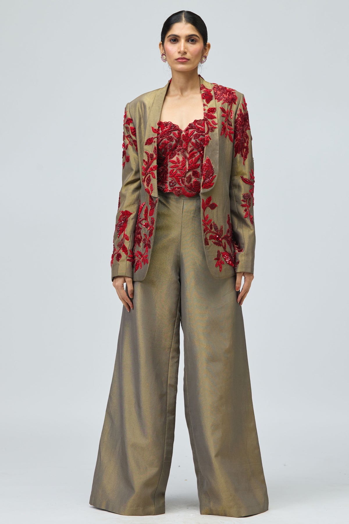 Red Stone Embellished Jacket Set
