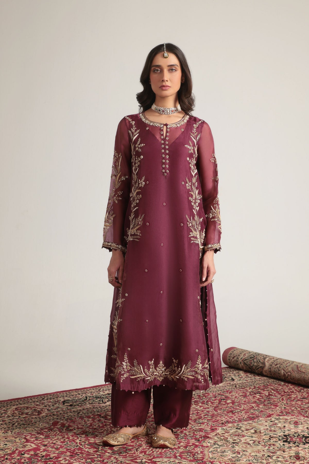 Wine Light Phool Patti Kurta Set