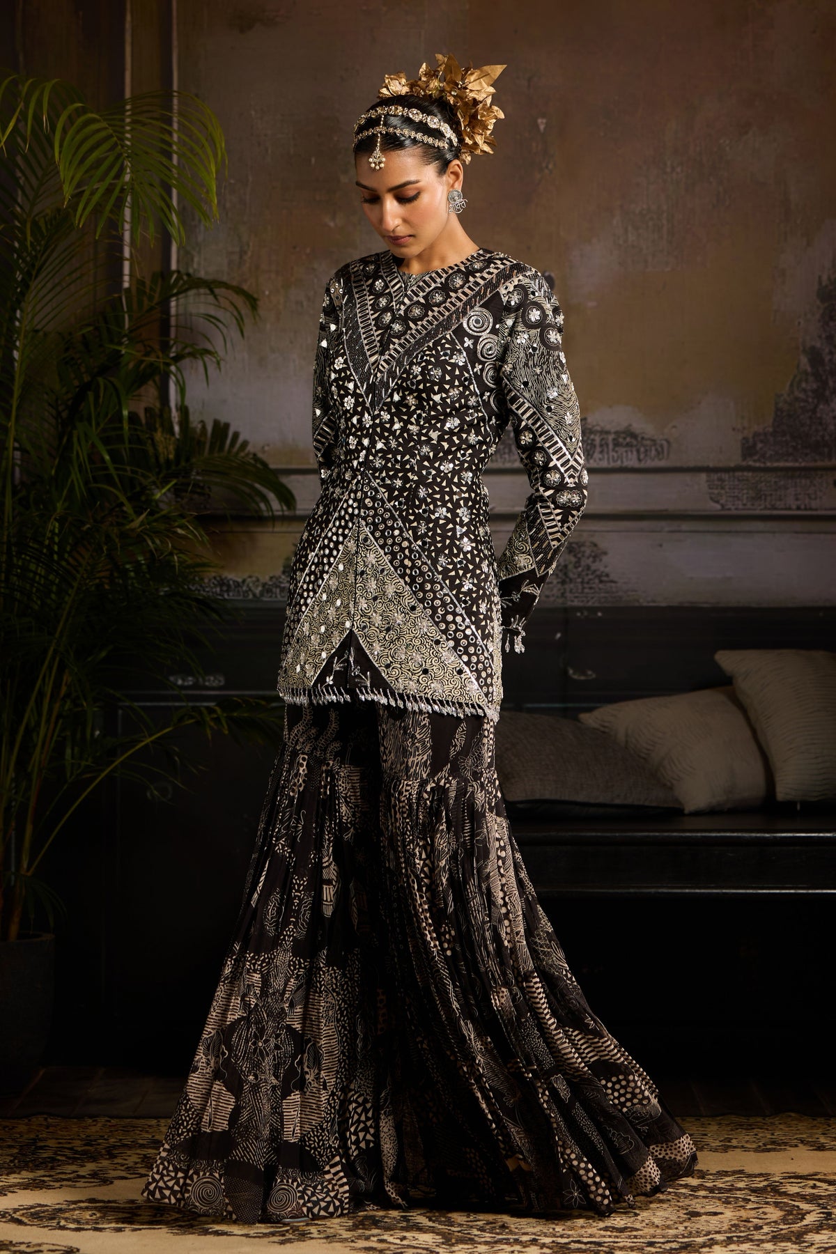 Black Print Highlighted Jacket Set