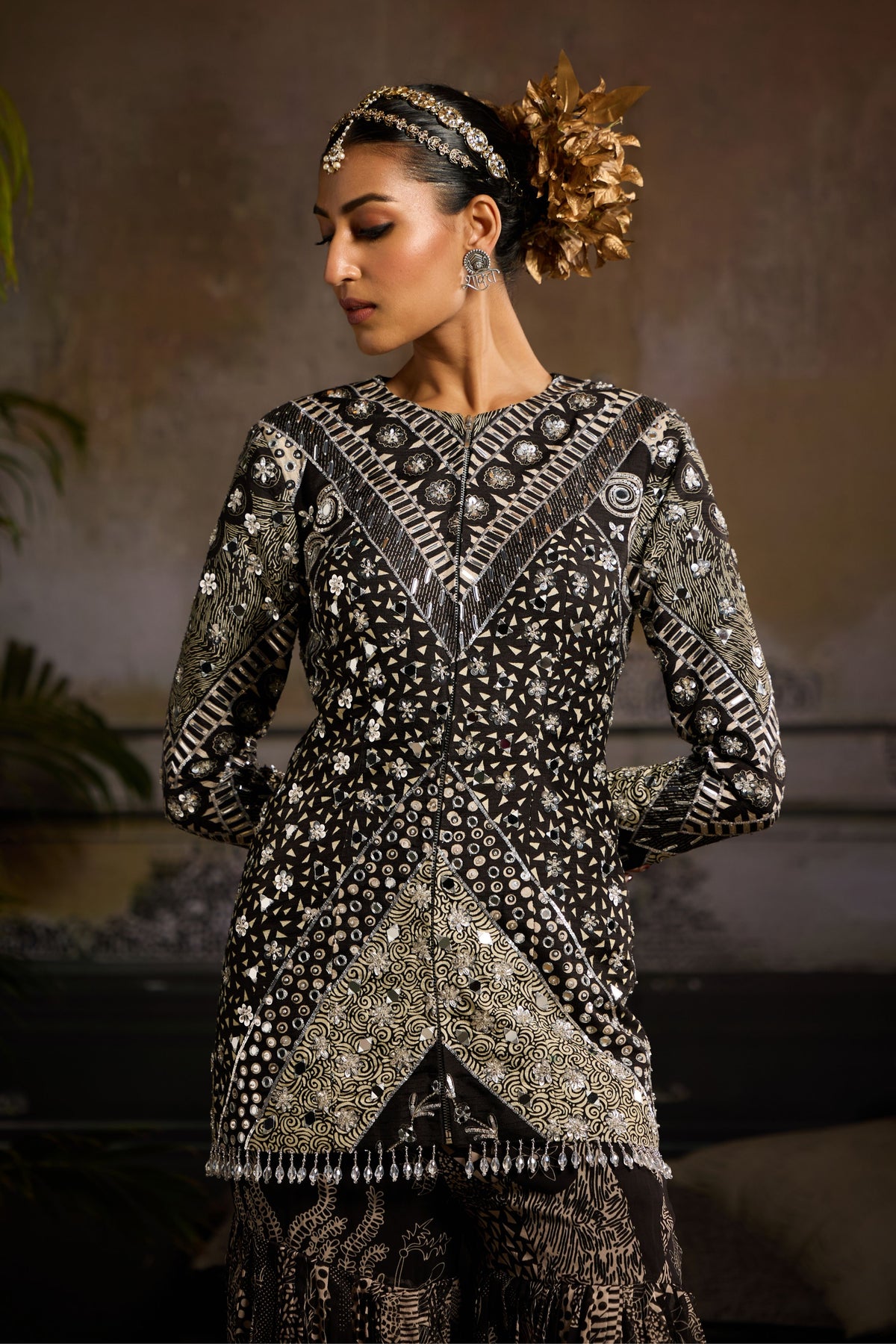 Black Print Highlighted Jacket Set