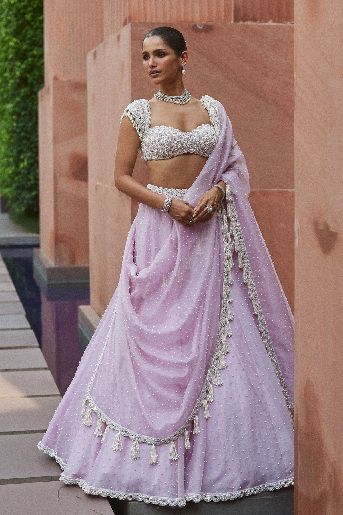 Lavender Mirror and Pearl Lehenga Set
