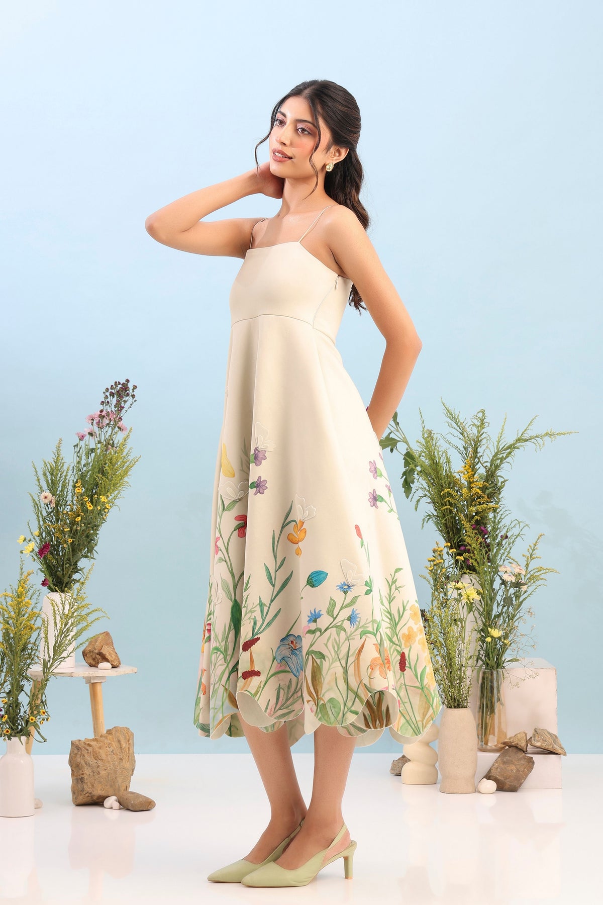 Beige Flared Printed Dress