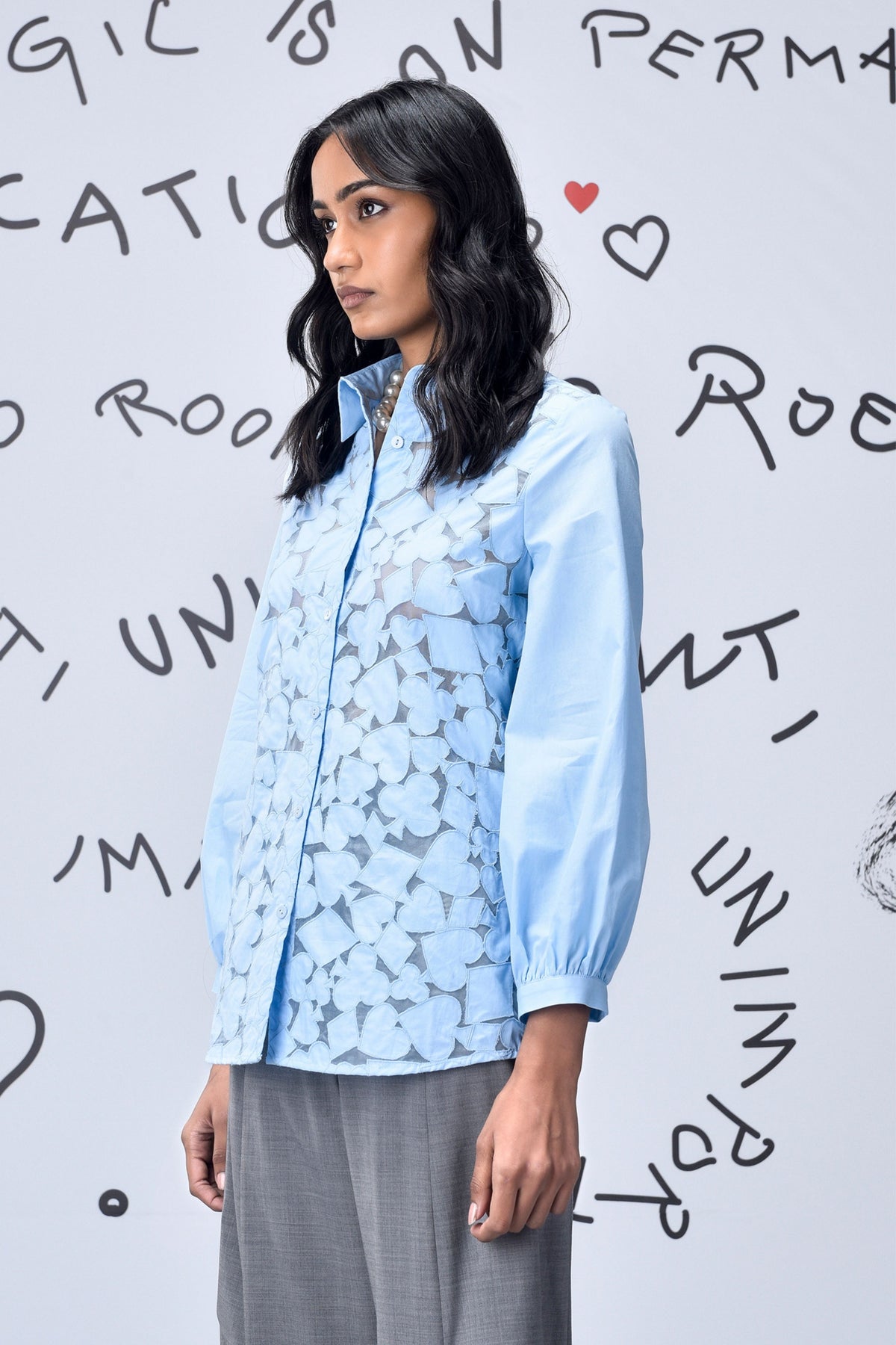 Women Cutout Embroidery Shirt Light Blue