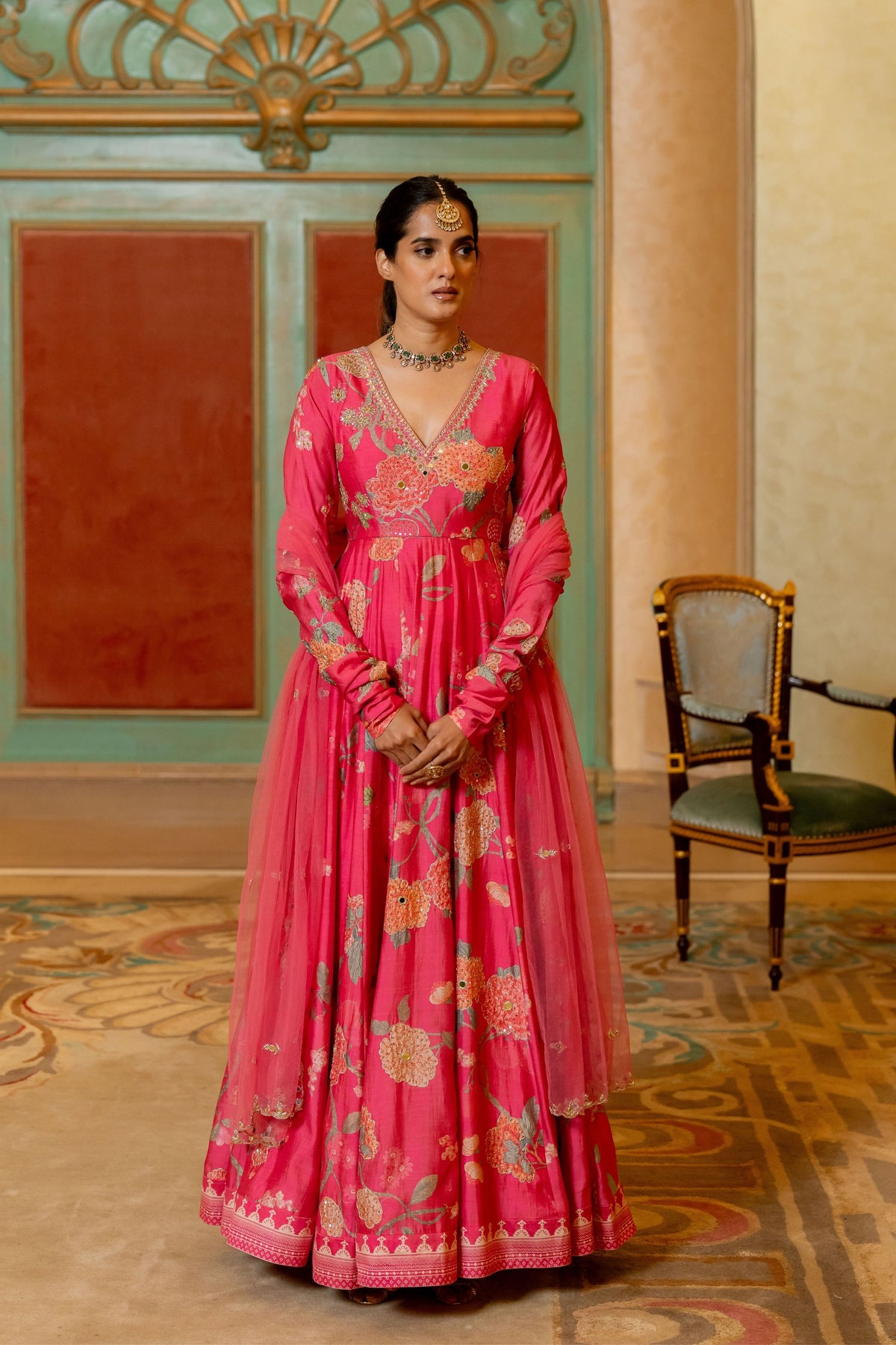 Blooming Pink Floral Printed Anarkali Set