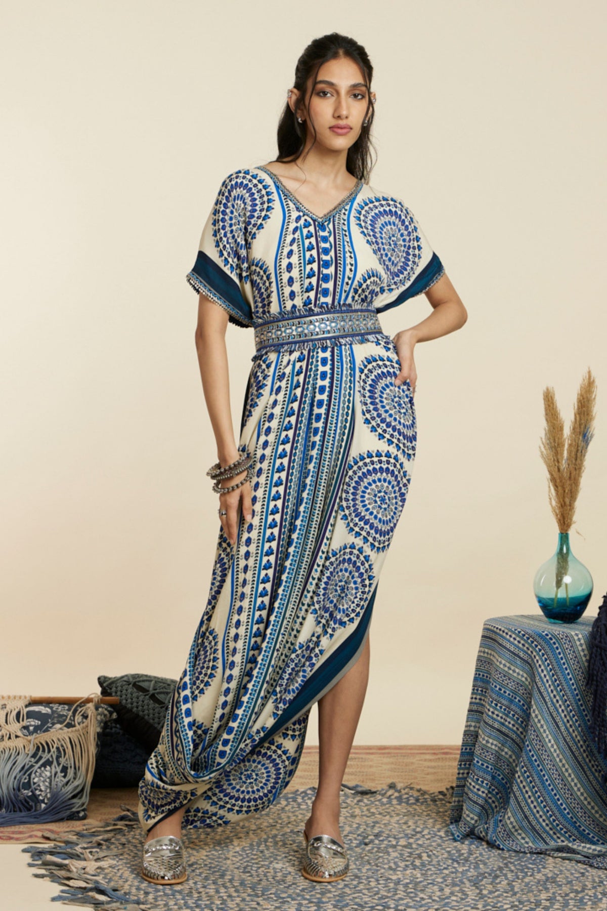 Blue Butta Drape Dress With Belt