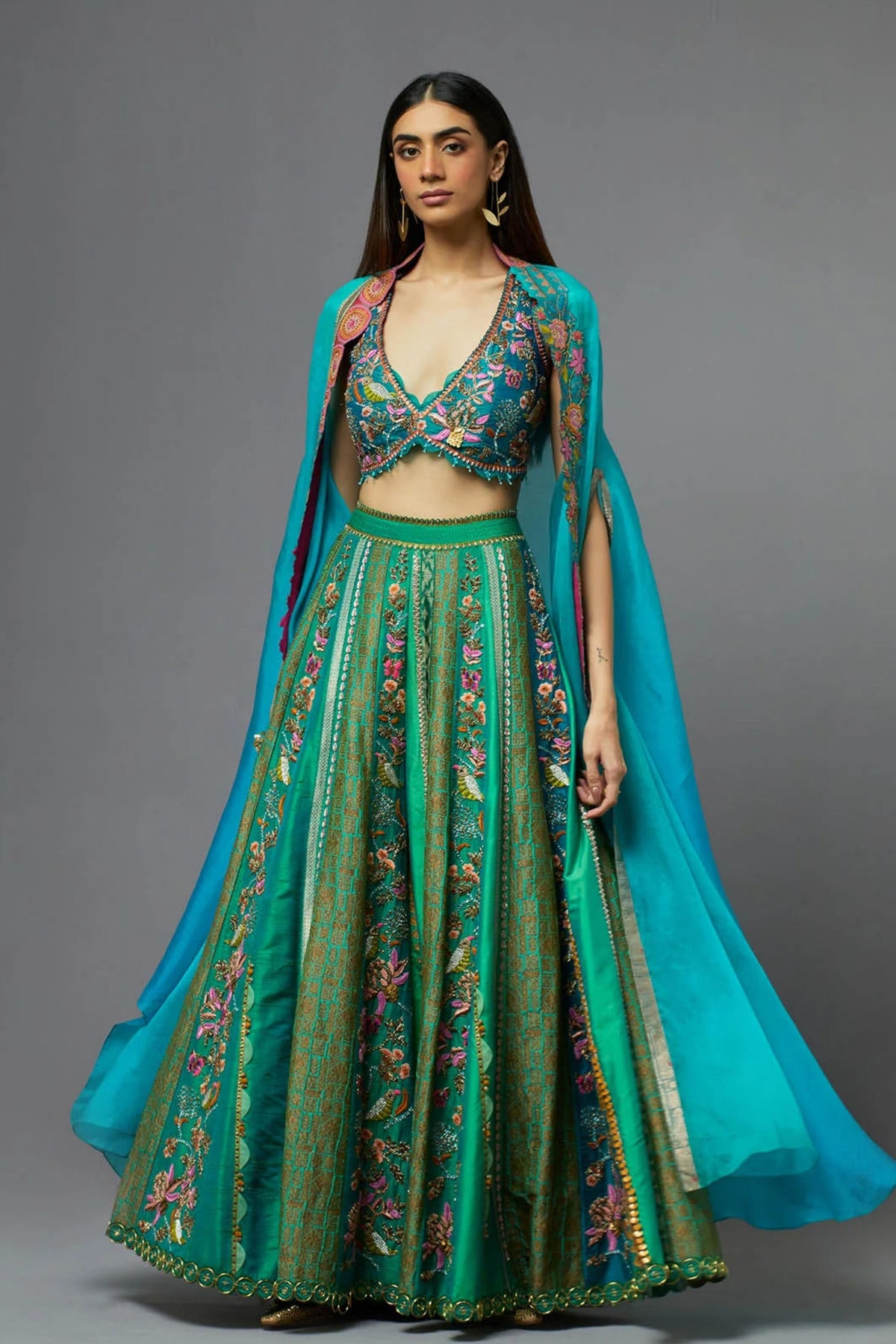 Turquoise and Green Sharara Set