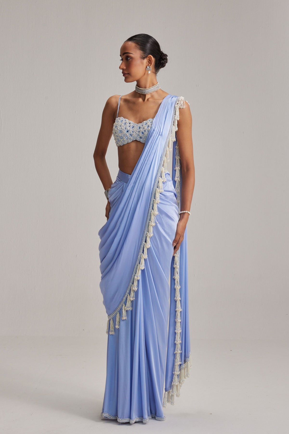Dew Blue Satin Draped Saree Set