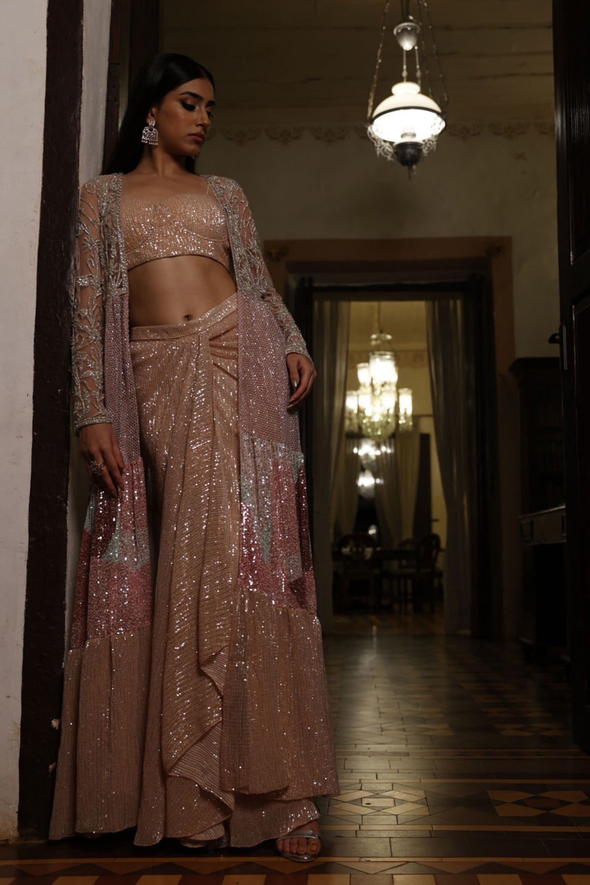 Pink Drape Skirt with a 4-Layer Cape and Bustier