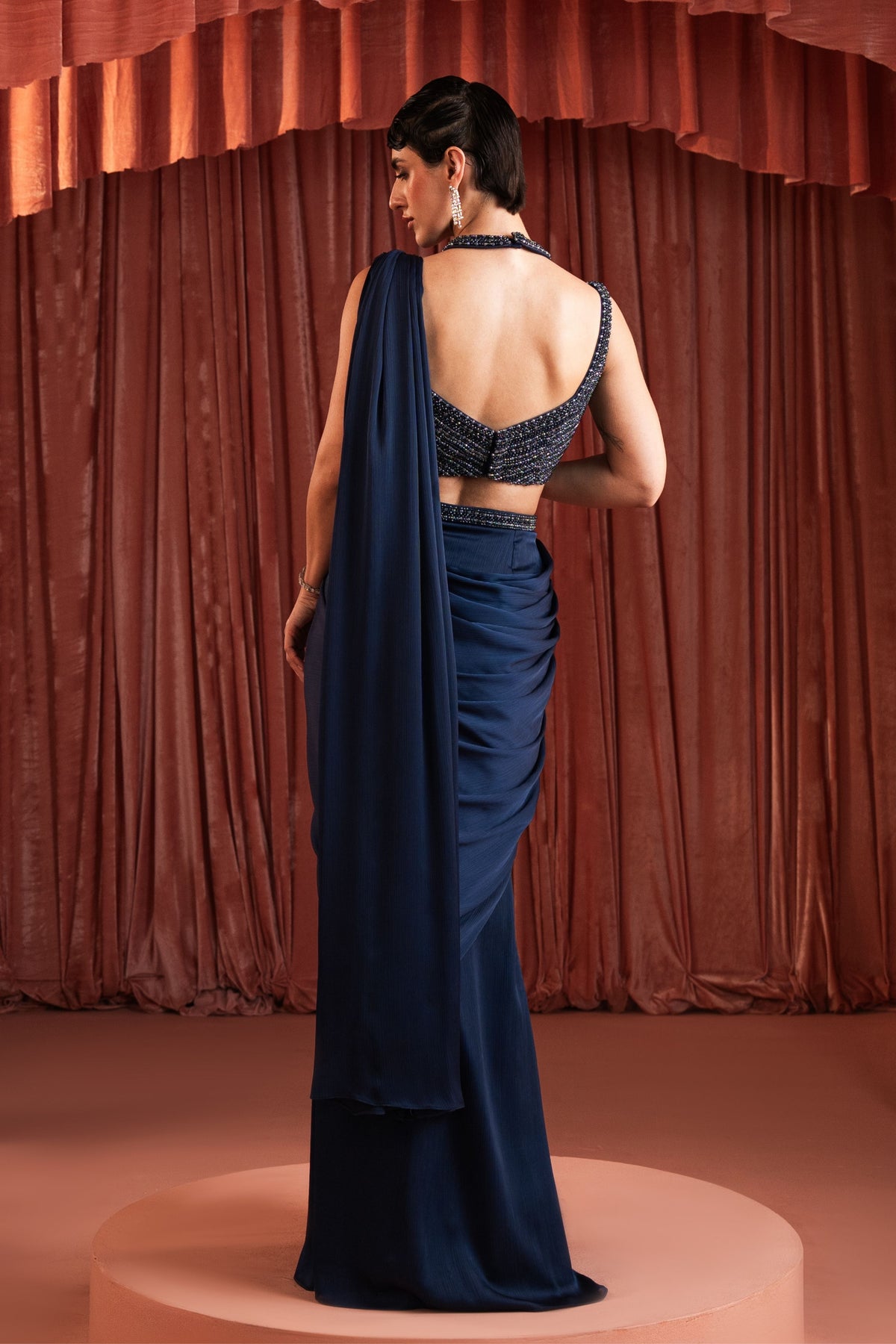 Blue Beaded Draped Saree Set