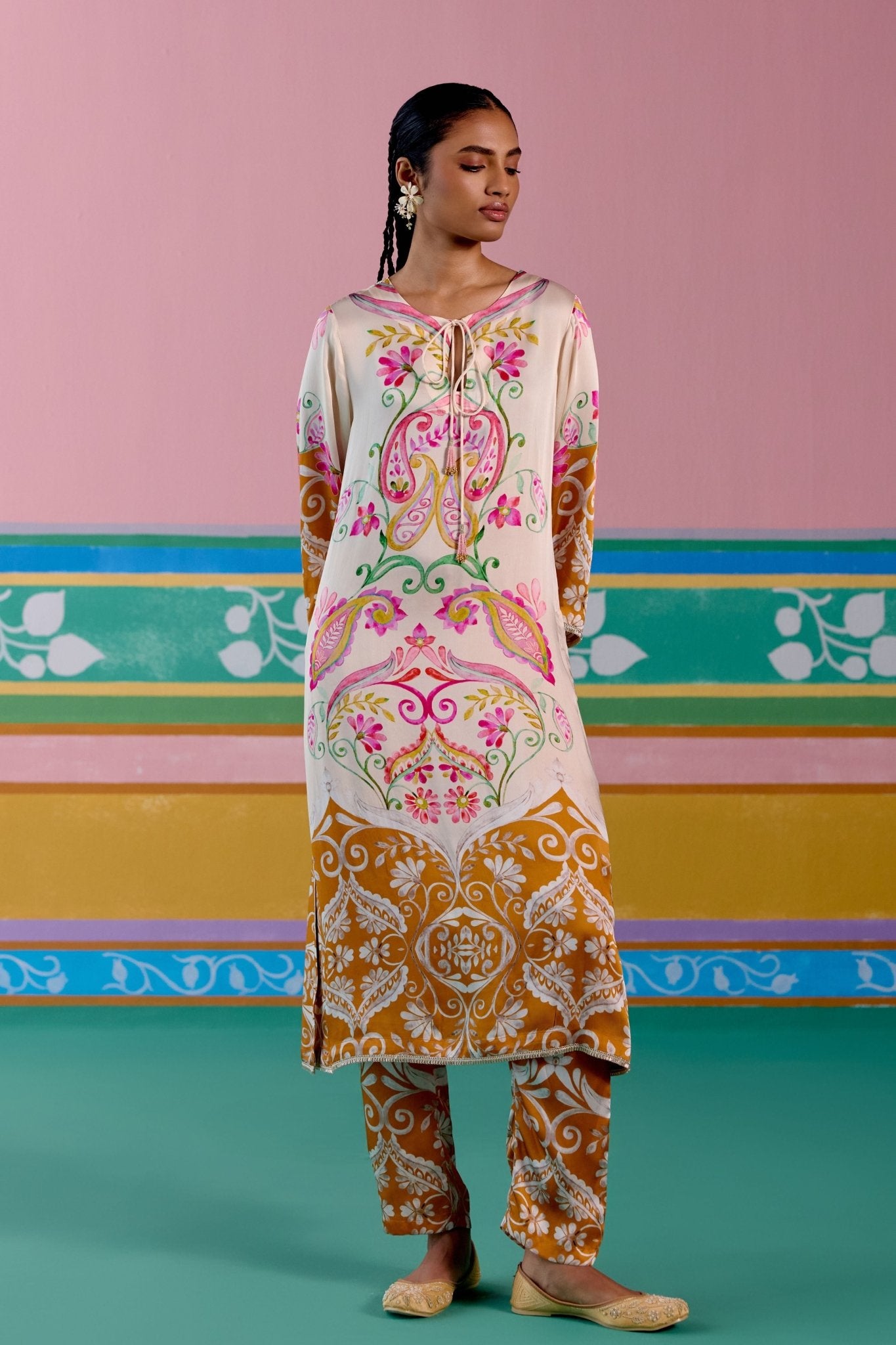 Pink Mustard Paisley Kurta Set - Label Mogra - Elahe