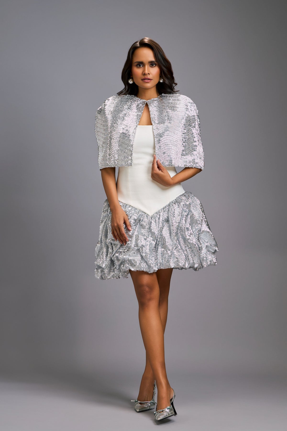 Shimmer Embroidered Silver Cape Dress
