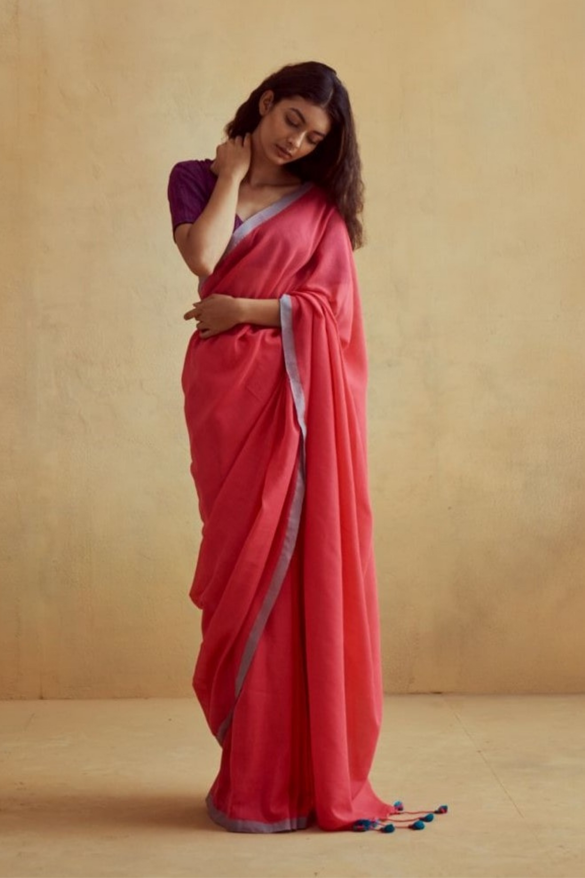 Red Khadi Cotton Saree With Grey Border