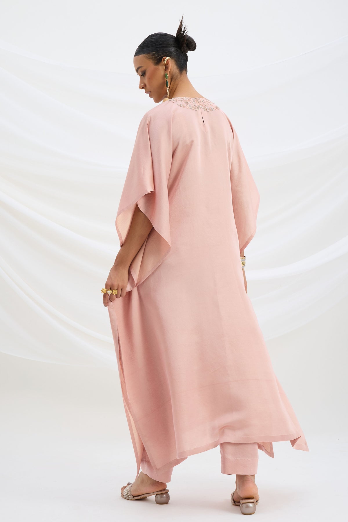 Peach Pink Embroidered Kaftan Set