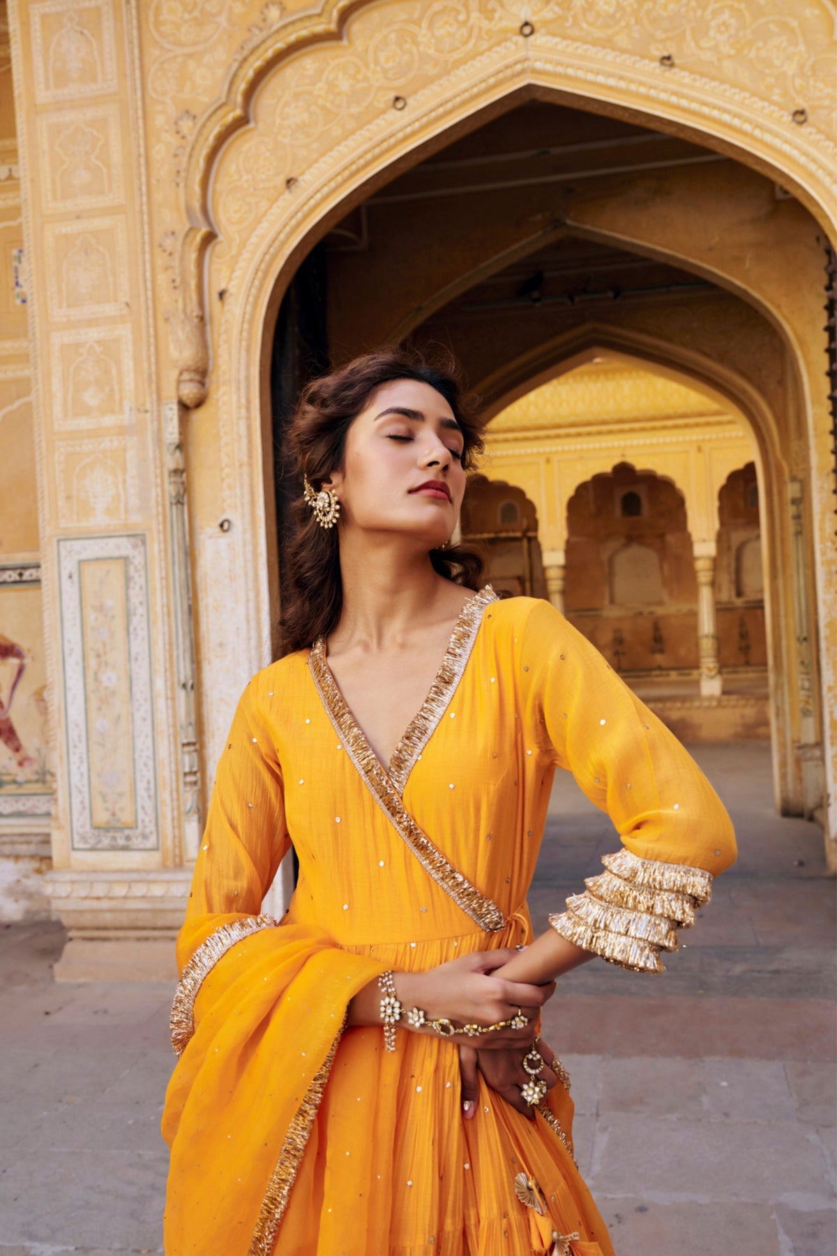 Saffron Tiered Angrakha Set