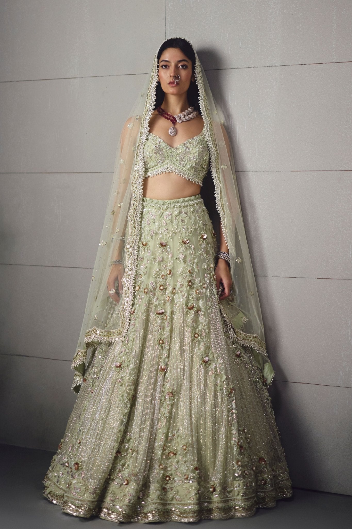 Sage Green Embellished Lehenga Set - Awigna - Elahe
