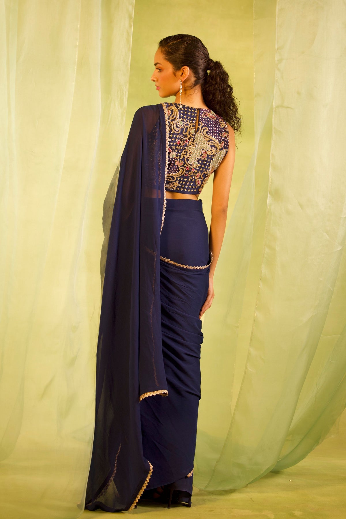 Navy Blue Embroidered Saree Set