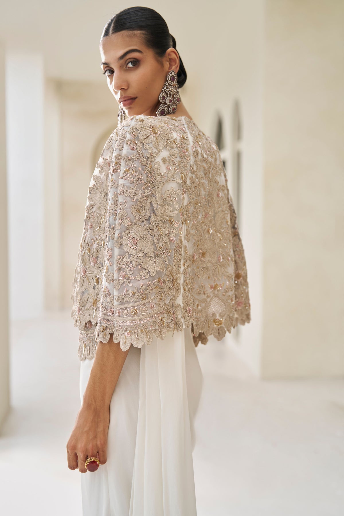 Wisper in Gold Saree and Cape Set