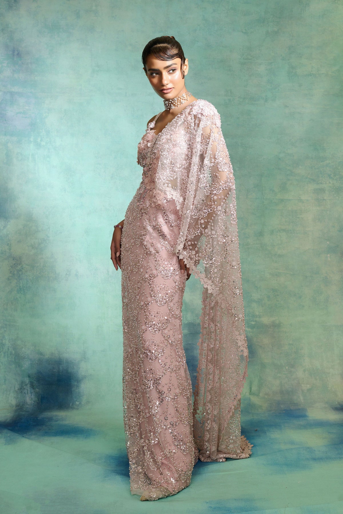 Pearl Pink Drape Saree