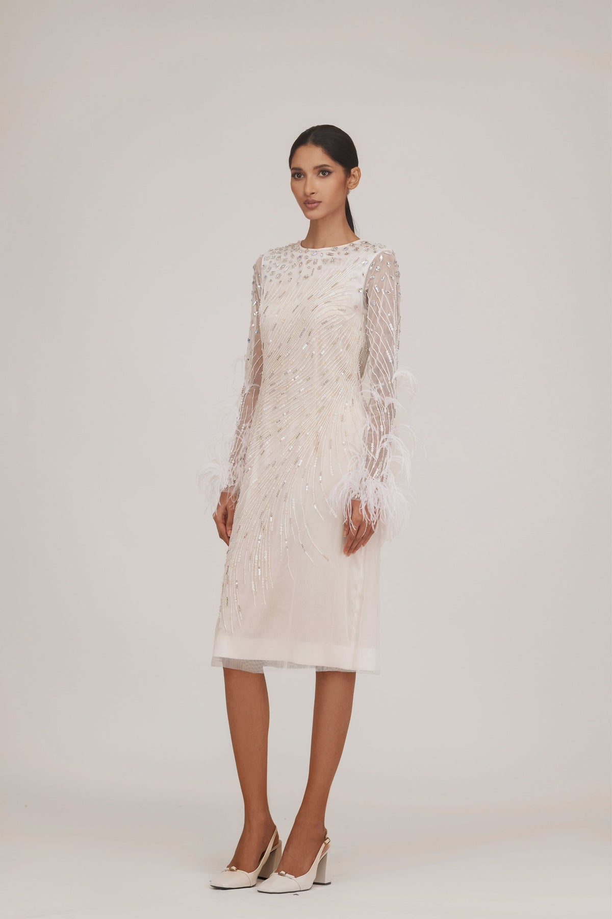 Beaded Feather Ivory Midi Dress