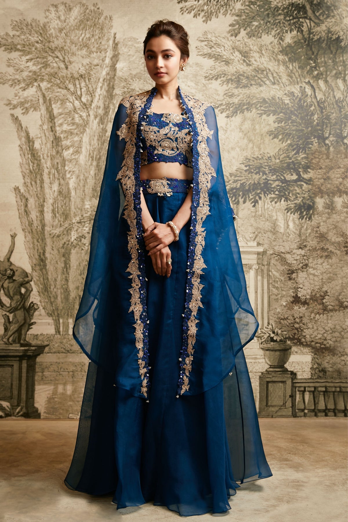 Navy Blue Organza Cape Set