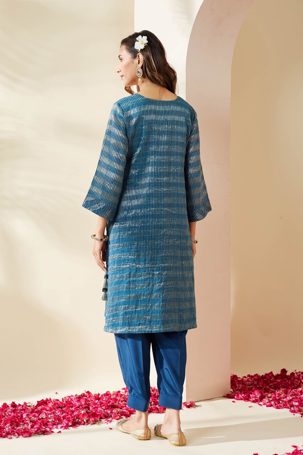 Blue Zari Stripe Kurta Set