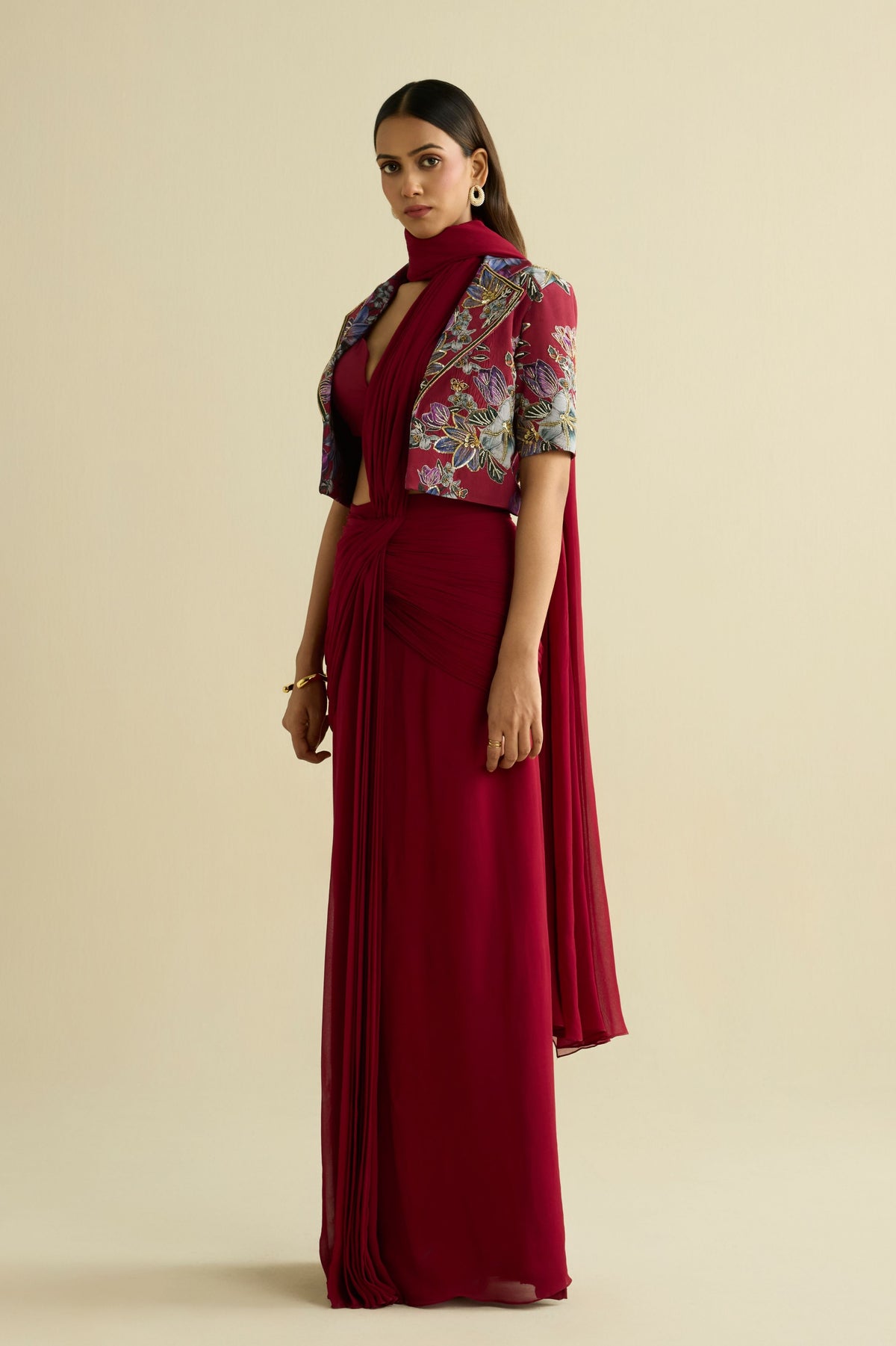Maroon Pre-draped Saree Set