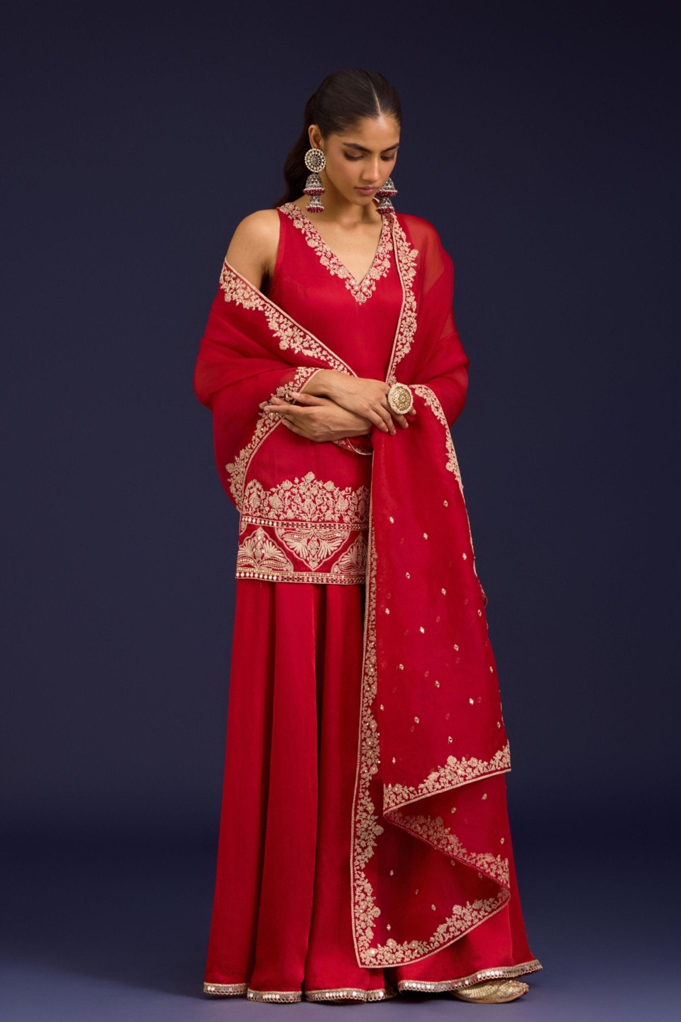 Red Modal Satin Sharara Set - Devnaagri - Elahe