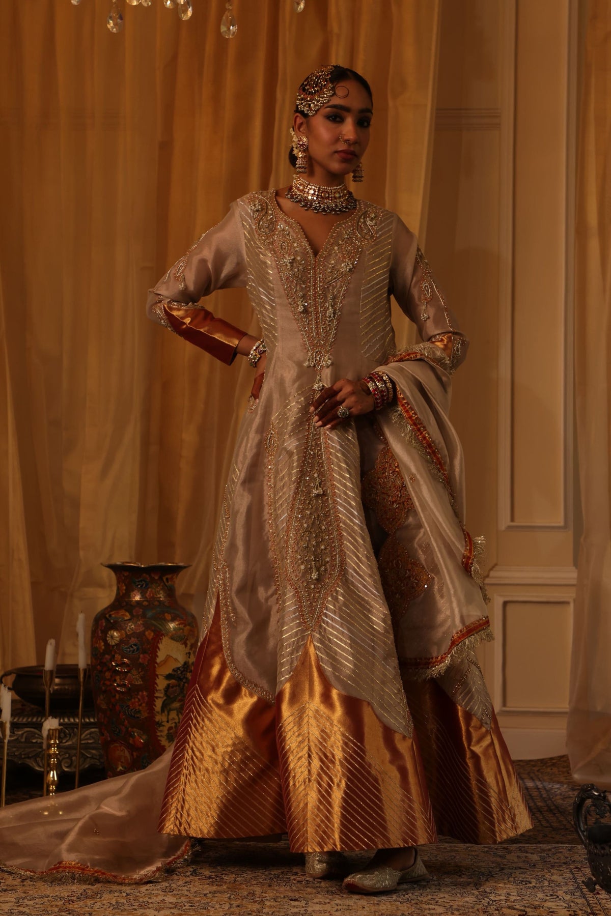 Rose Gold Zari Anarkali Set