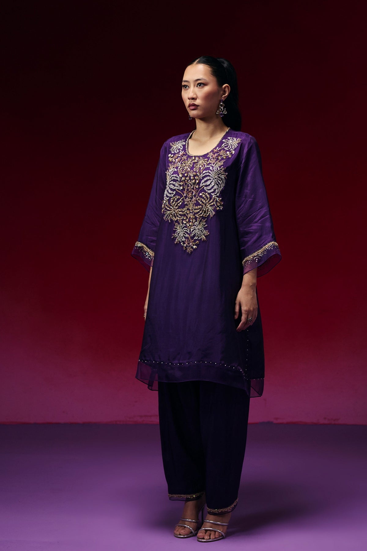 Violet Hand Embroidered Kurta Set