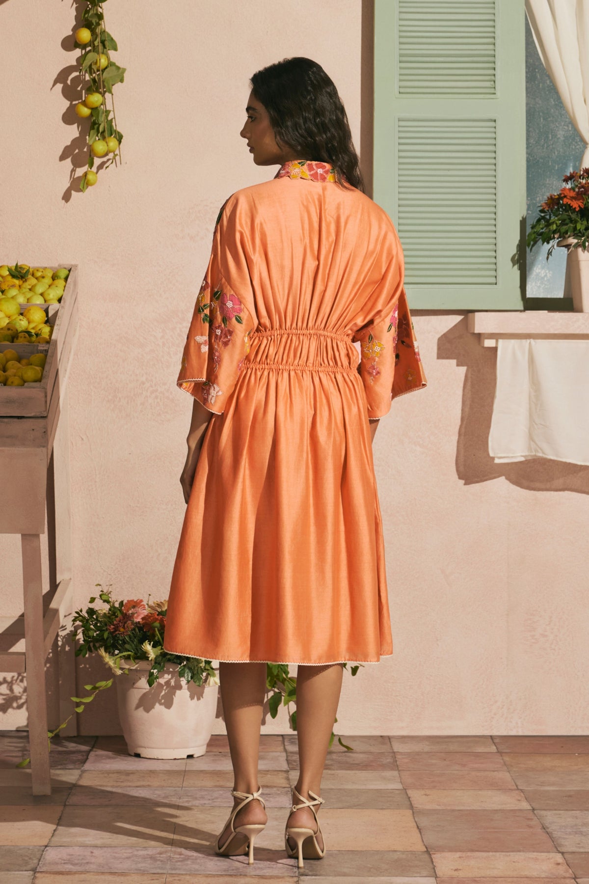 Orange Bougainvillea Pleated Dress