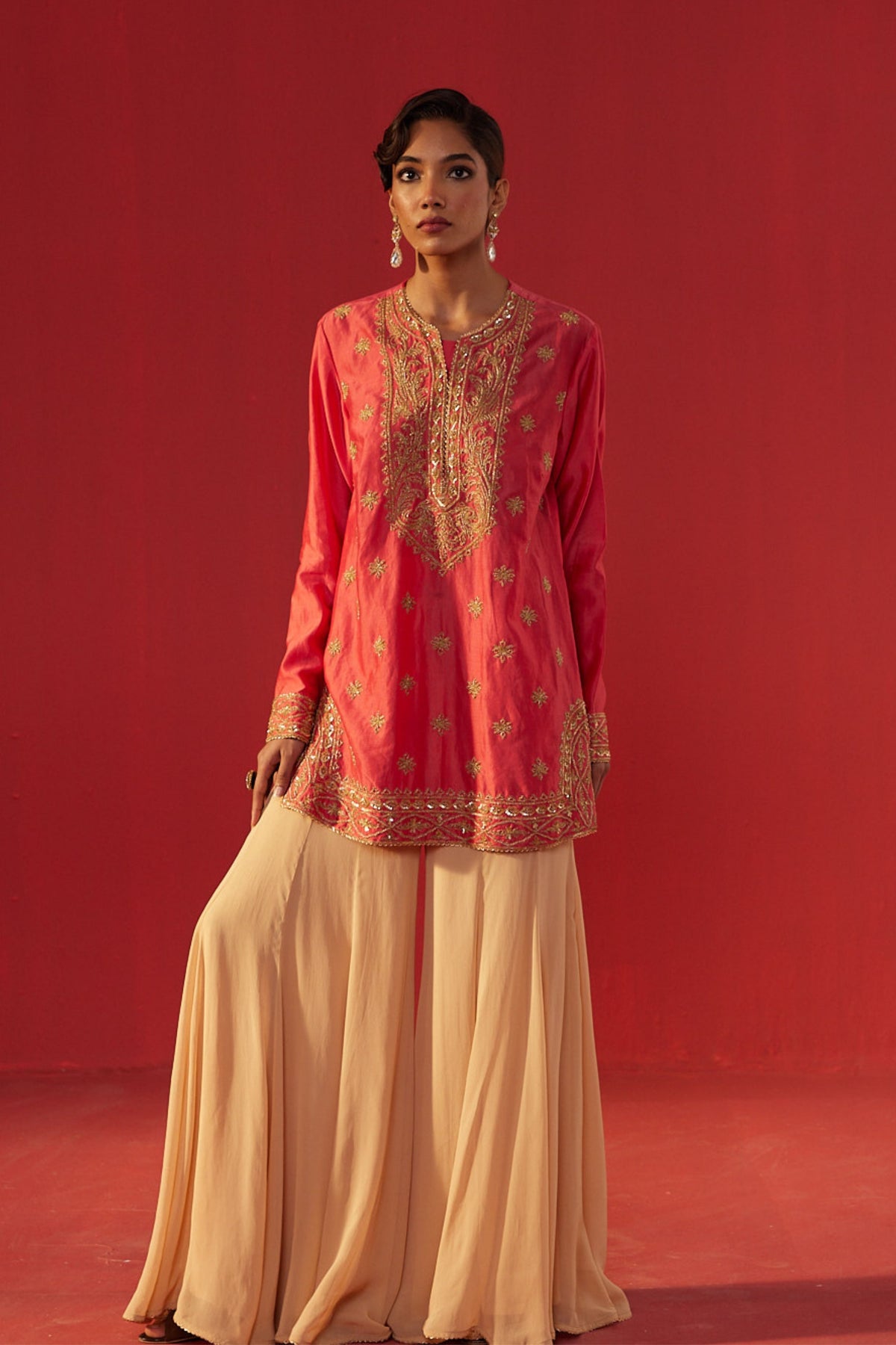 Peach Short Kurta Sharara Set