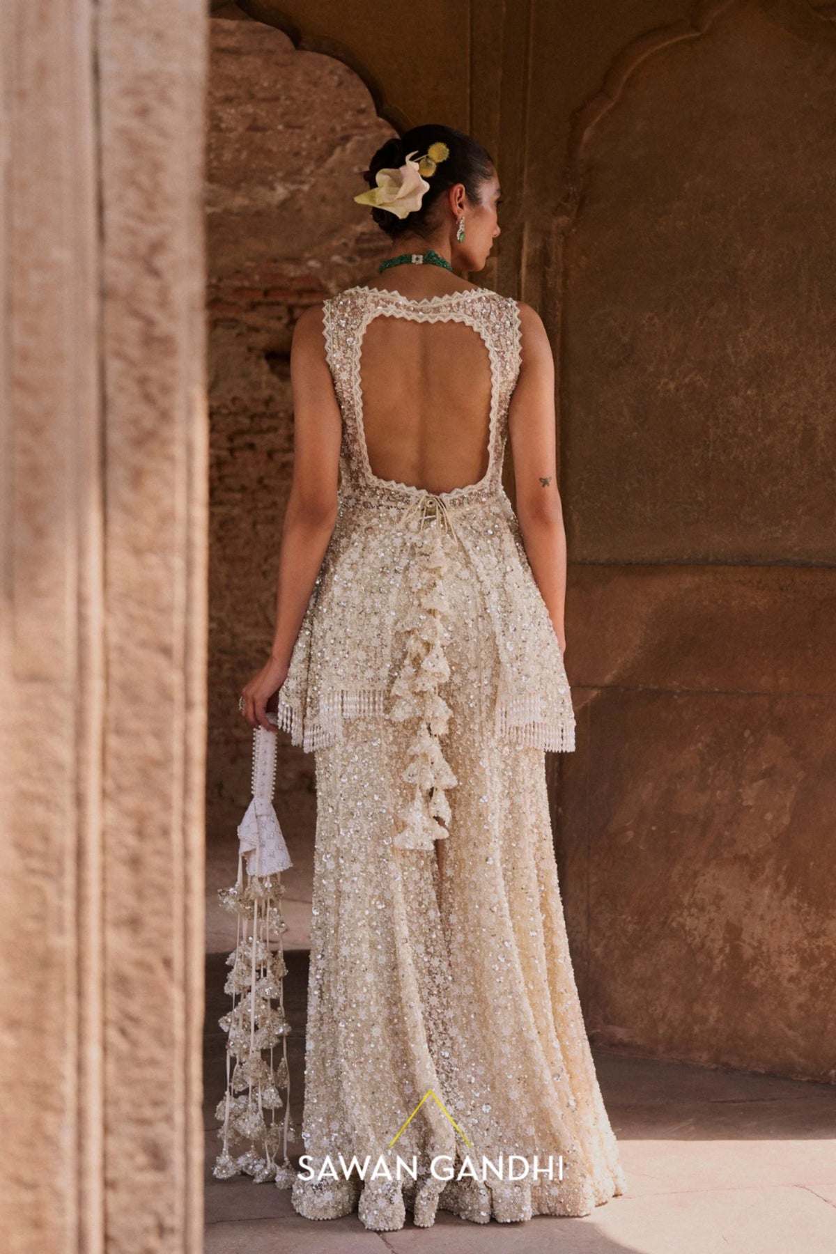 Ivory Sequins Peplum Set