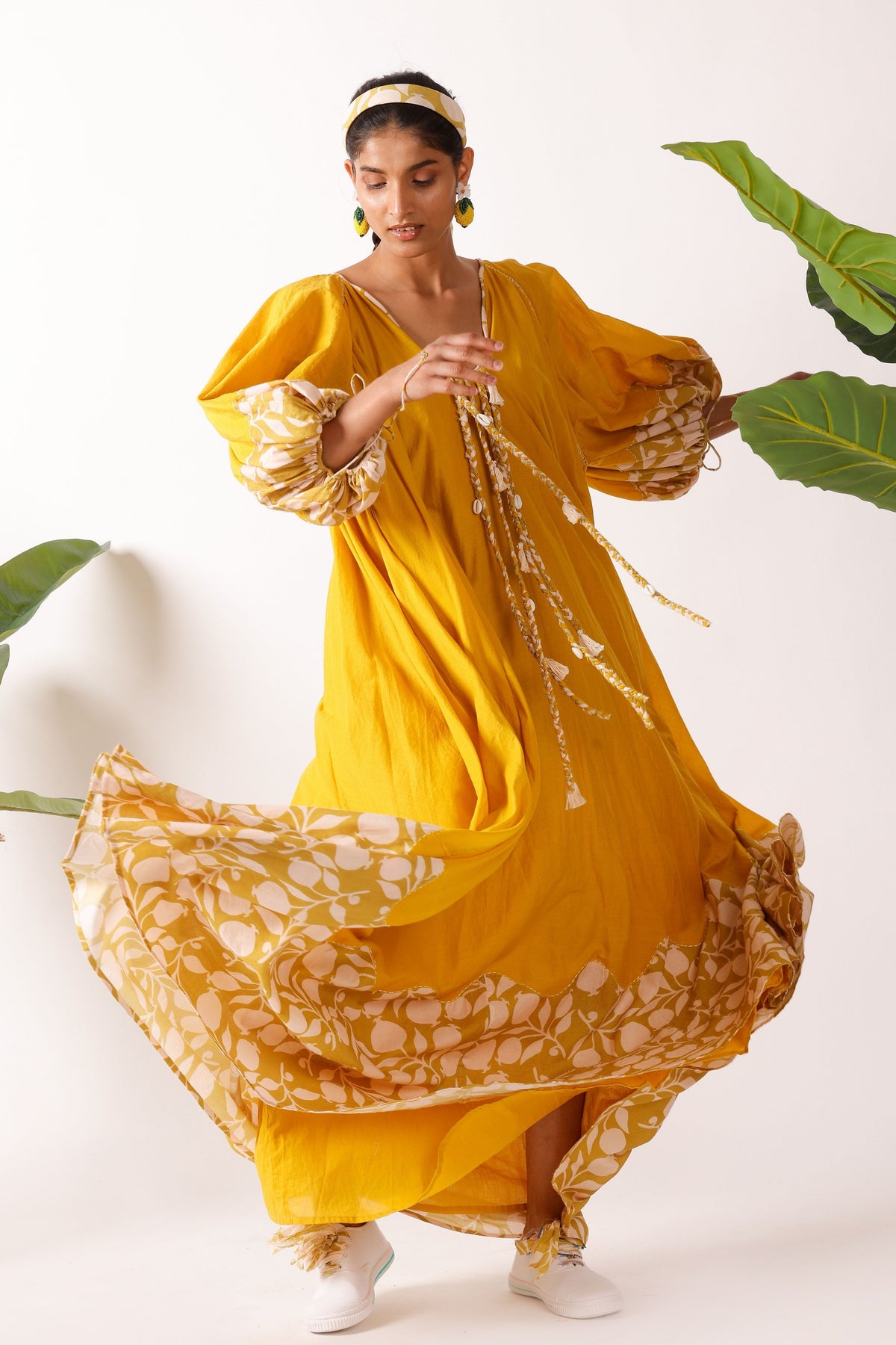 Pomegranate Print Yellow Maxi Dress